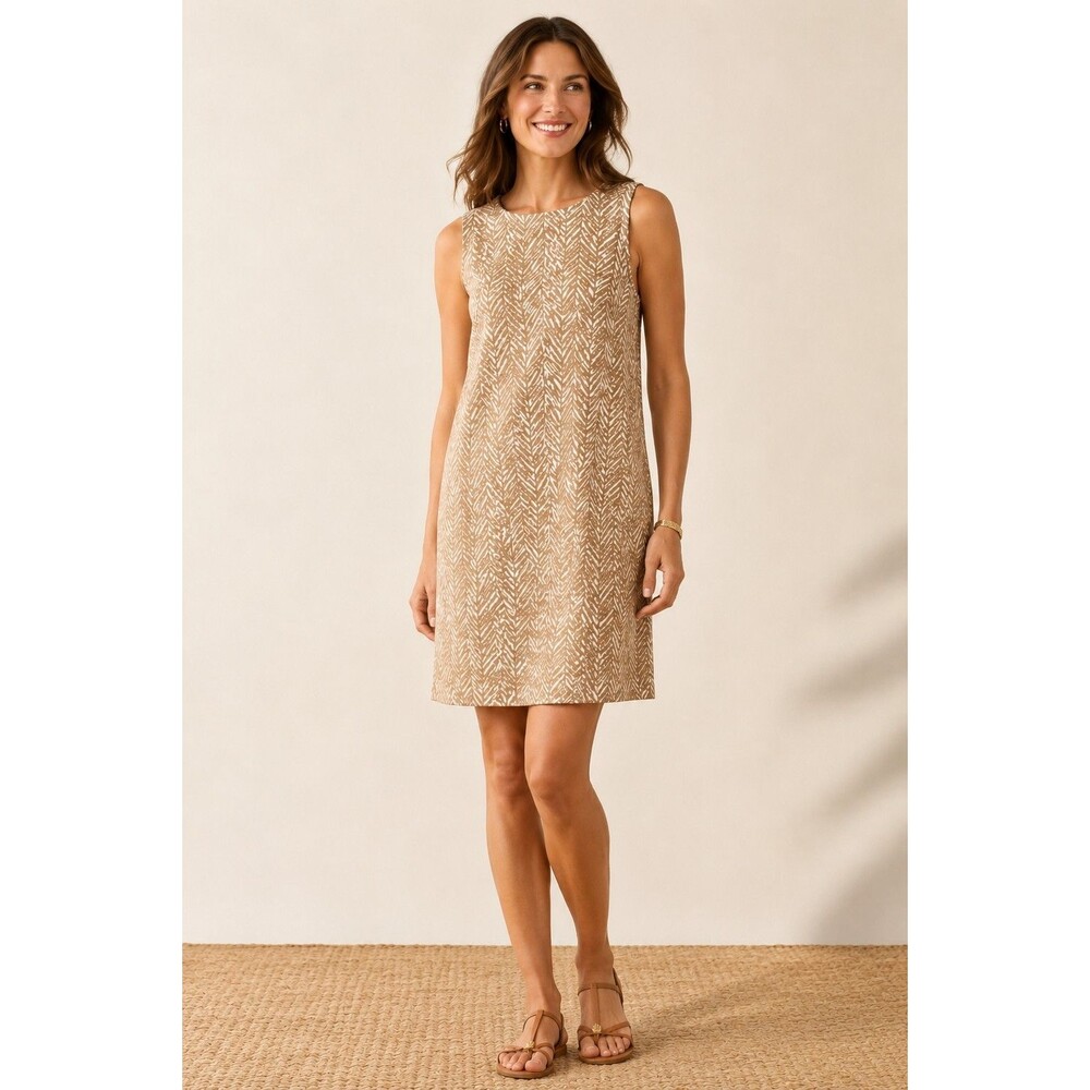 J.McLaughlin Dress Size M Tan Beige Chevron Print Sleeveless Shift Preppy Casual